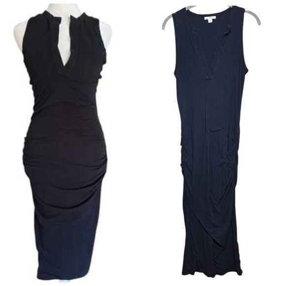 James Perse standard ruched v neck jersey tank dress midi dress black stretchy - Picture 1 of 5